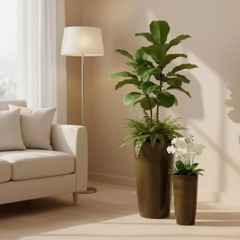 Large Tall Glazed Ceramic Floor Planter Trio Set – Gold-Bronze Fusion