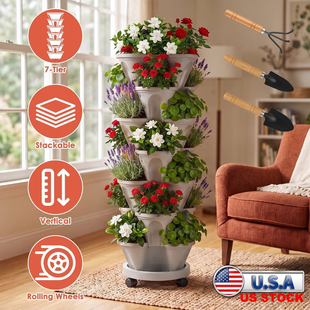 7-Tier Stackable Vertical Planter with Wheels and Drainage
