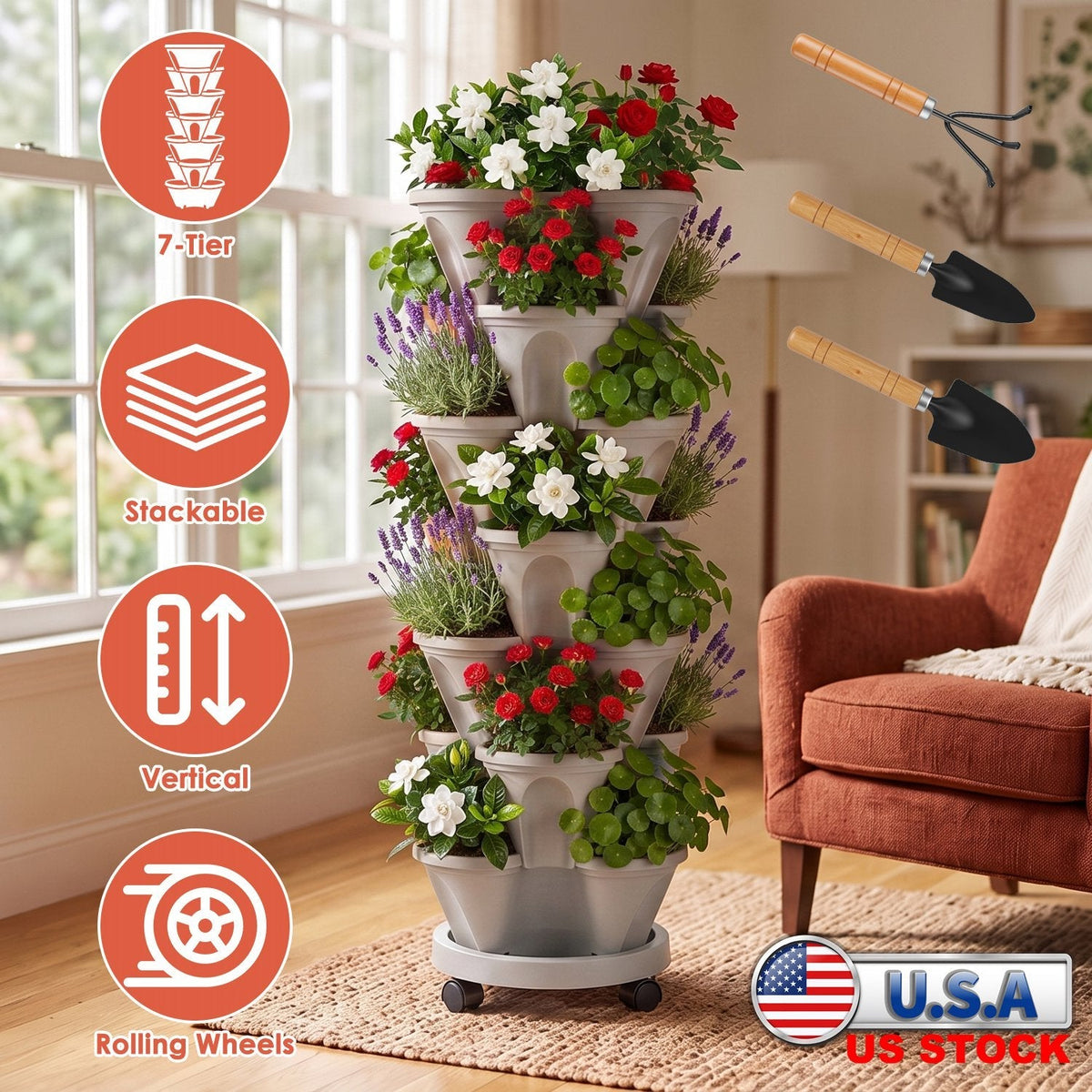 7-Tier Stackable Vertical Planter with Wheels and Drainage