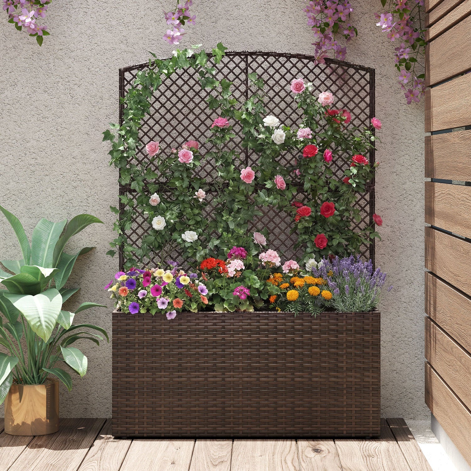 58 Inch Raised Garden Bed with Trellis and Wicker Planter Box