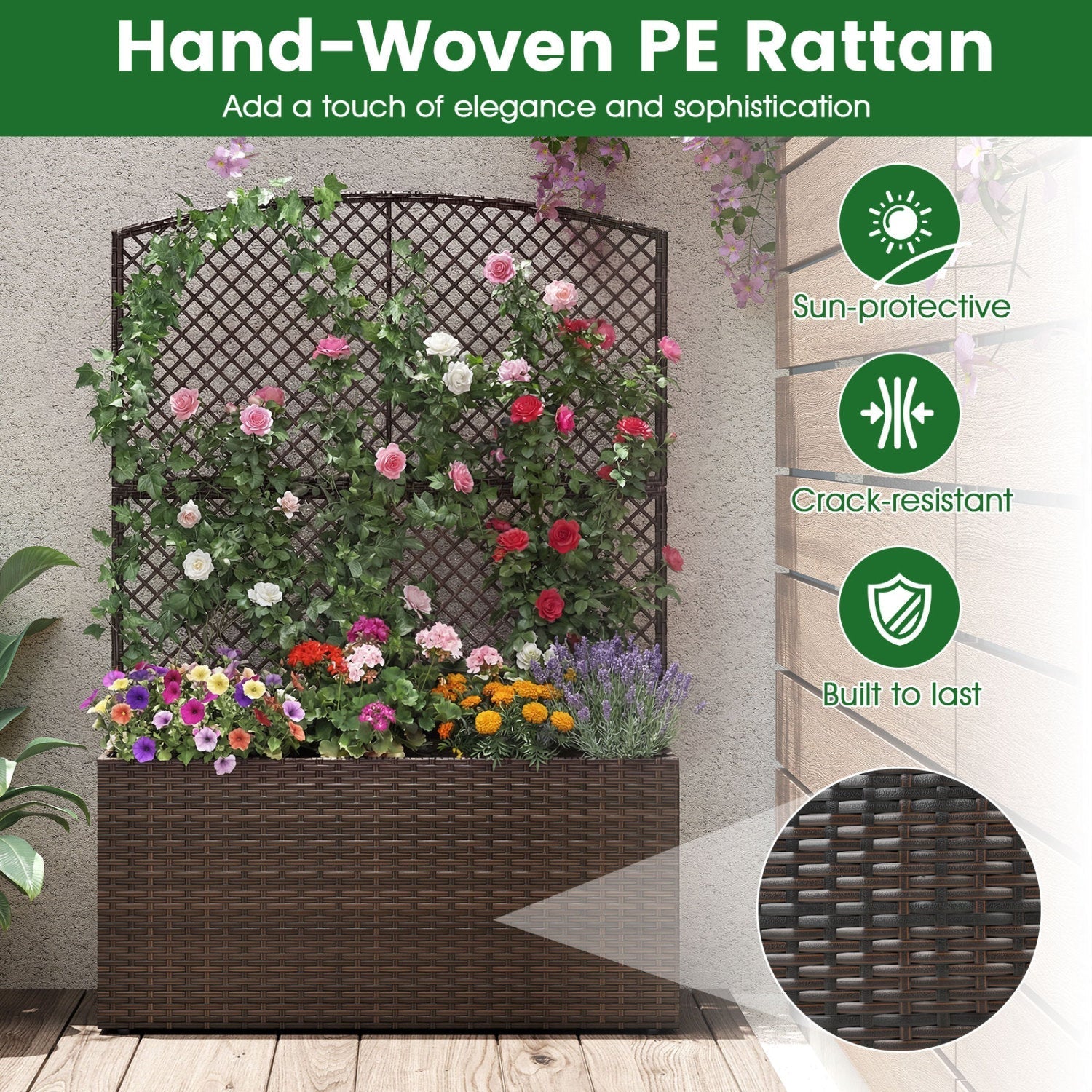 58 Inch Raised Garden Bed with Trellis and Wicker Planter Box