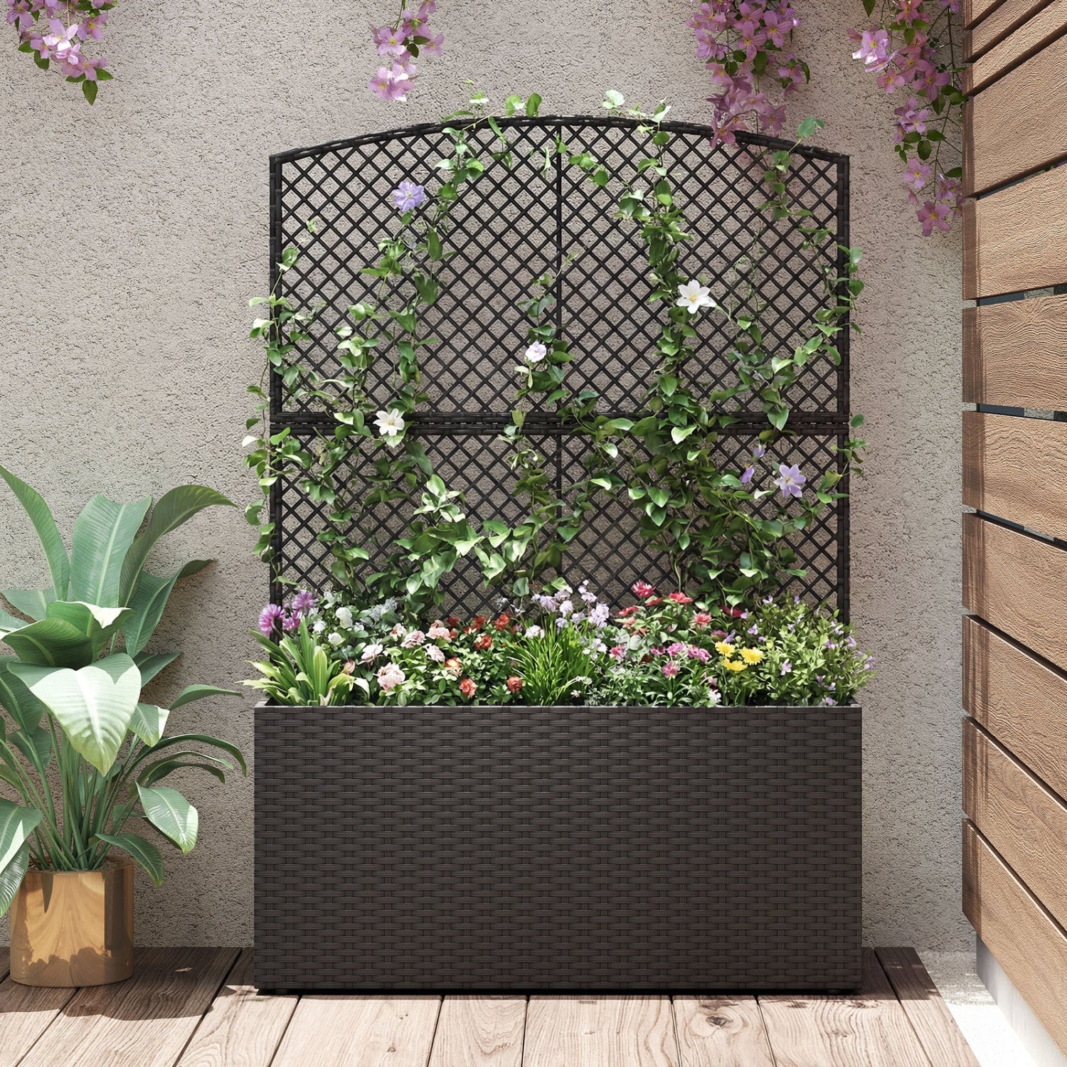 58 Inch Raised Garden Bed with Trellis and Wicker Planter Box