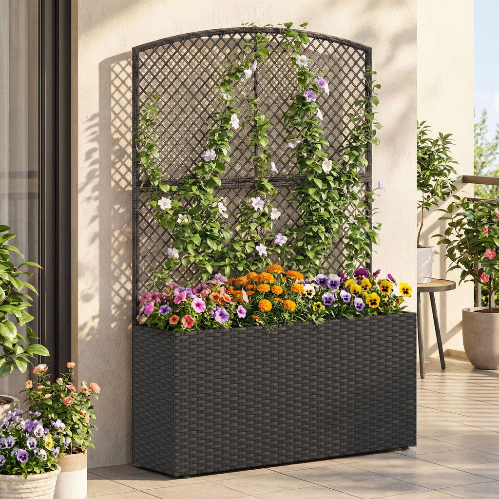 58 Inch Raised Garden Bed with Trellis and Wicker Planter Box