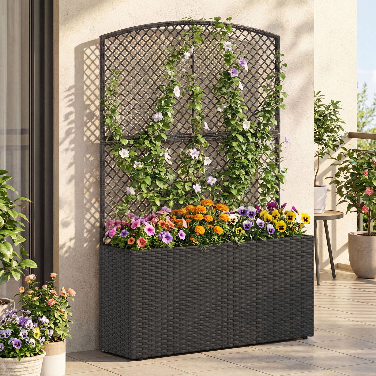 58 Inch Raised Garden Bed with Trellis and Wicker Planter Box