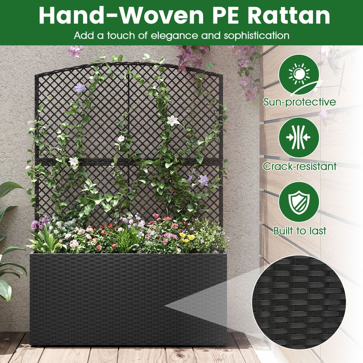 58 Inch Raised Garden Bed with Trellis and Wicker Planter Box