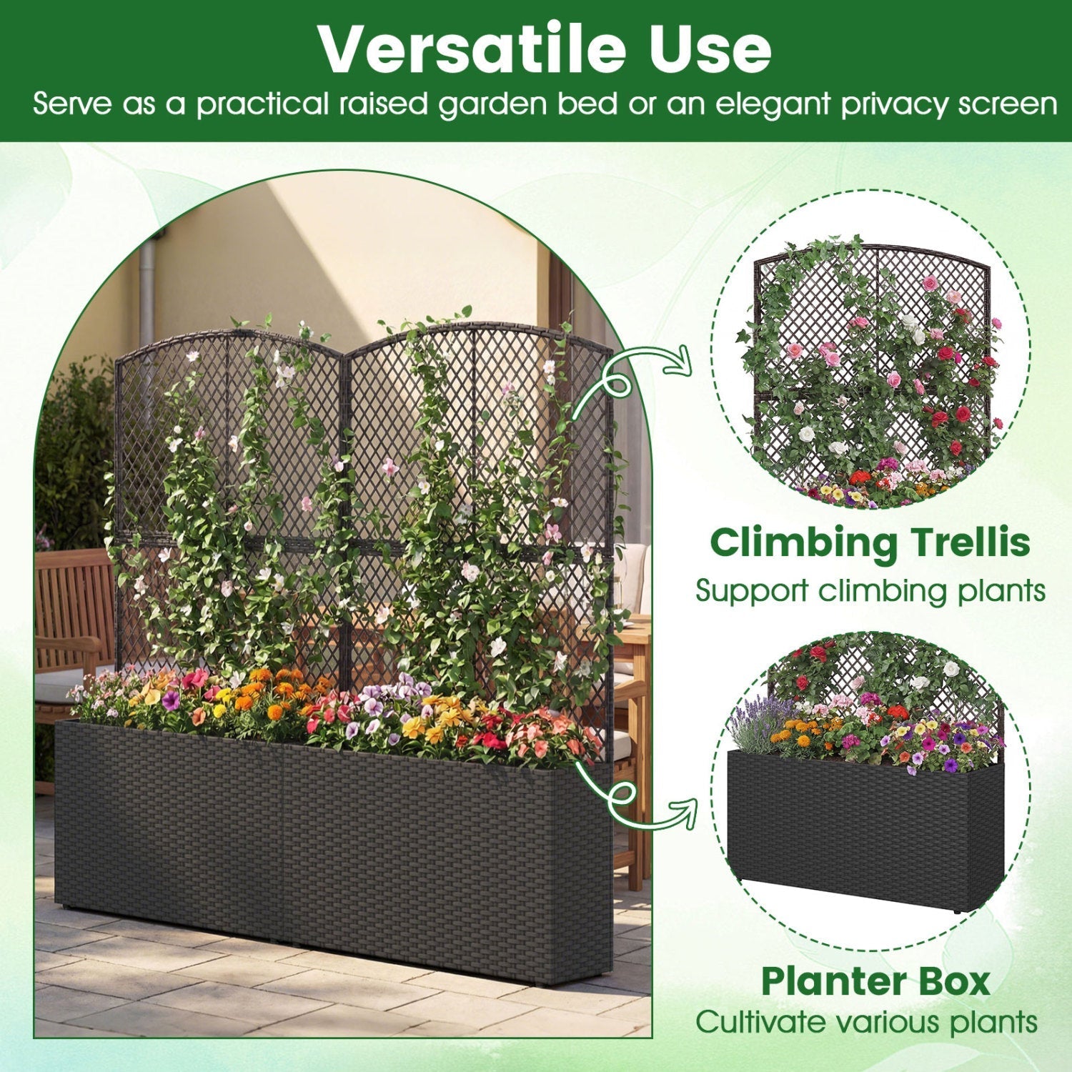 58 Inch Raised Garden Bed with Trellis and Wicker Planter Box