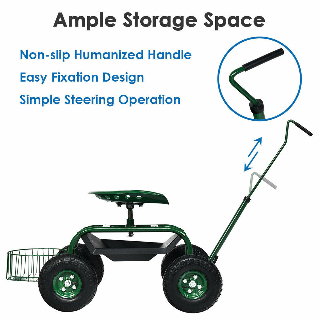 Extendable Handle Garden Cart Rolling Wagon Scooter-Green