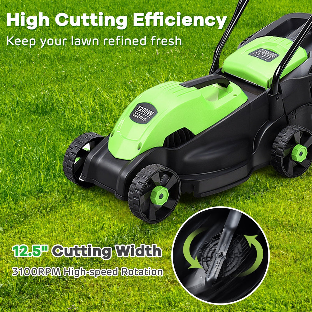 13 Inch Electric Push Lawn Corded Mower with Grass Bag-Green