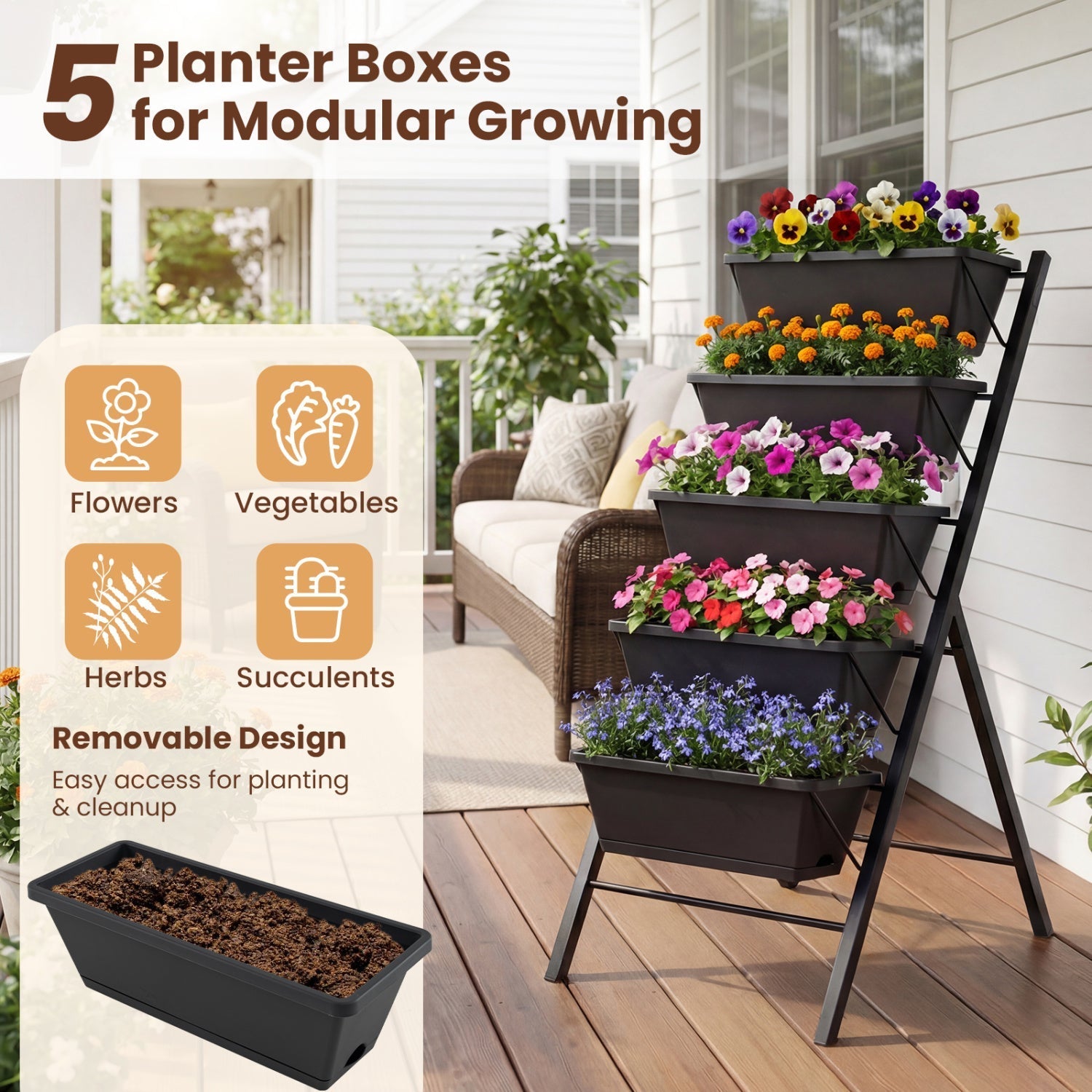 5-Tier Vertical Raised Garden Bed with Drainage Holes for Patio
