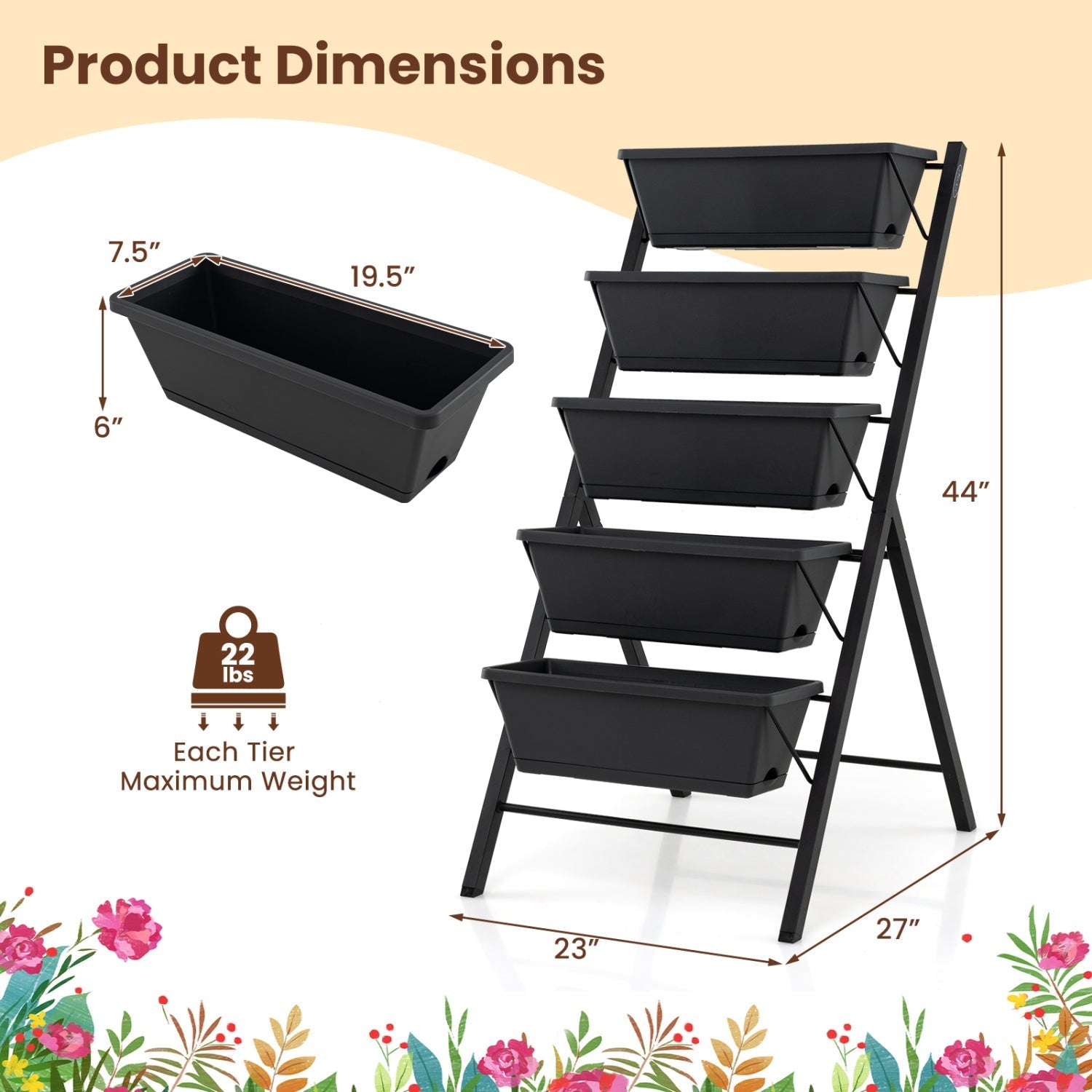 5-Tier Vertical Raised Garden Bed with Drainage Holes for Patio