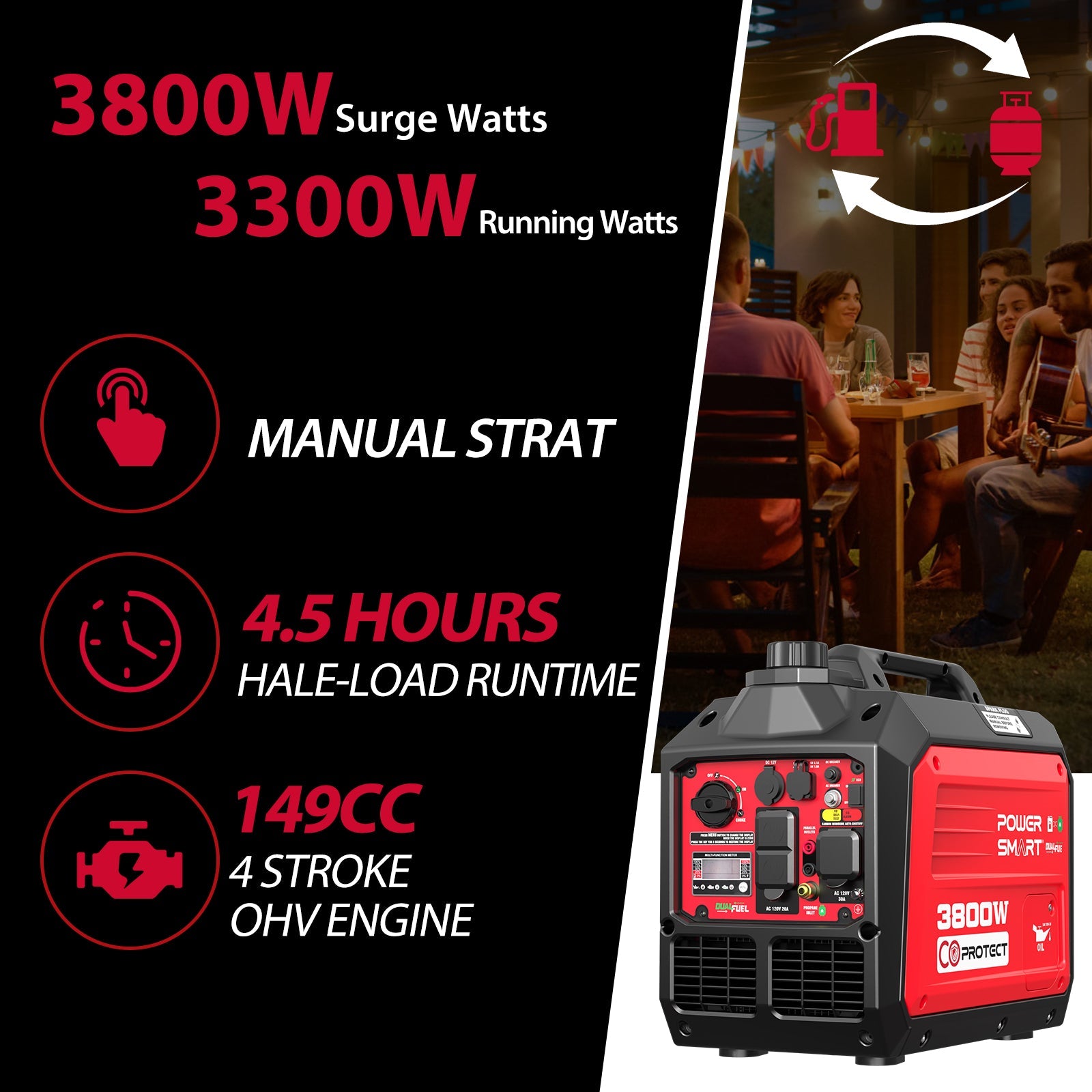 3800W/3500W Gas/Propane Dual Fuel Inverter Generator w/ CO Alert HB5040DC