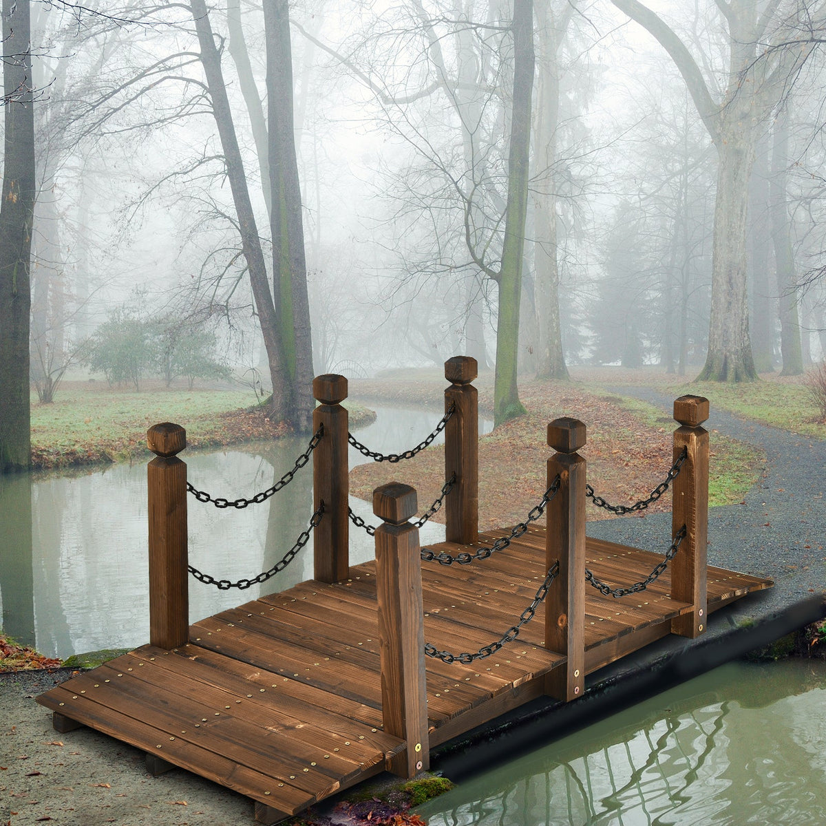 5 Feet Wooden Garden Bridge Arc Footbridge Stained Finish Walkway with Safety Rails