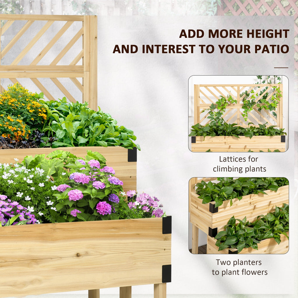 Outsunny Raised Garden Bed with Trellis, 2 Tier Wooden Elevated Planter Box with Legs and Metal Corners for Vegetables, Flowers, Herbs, Natural