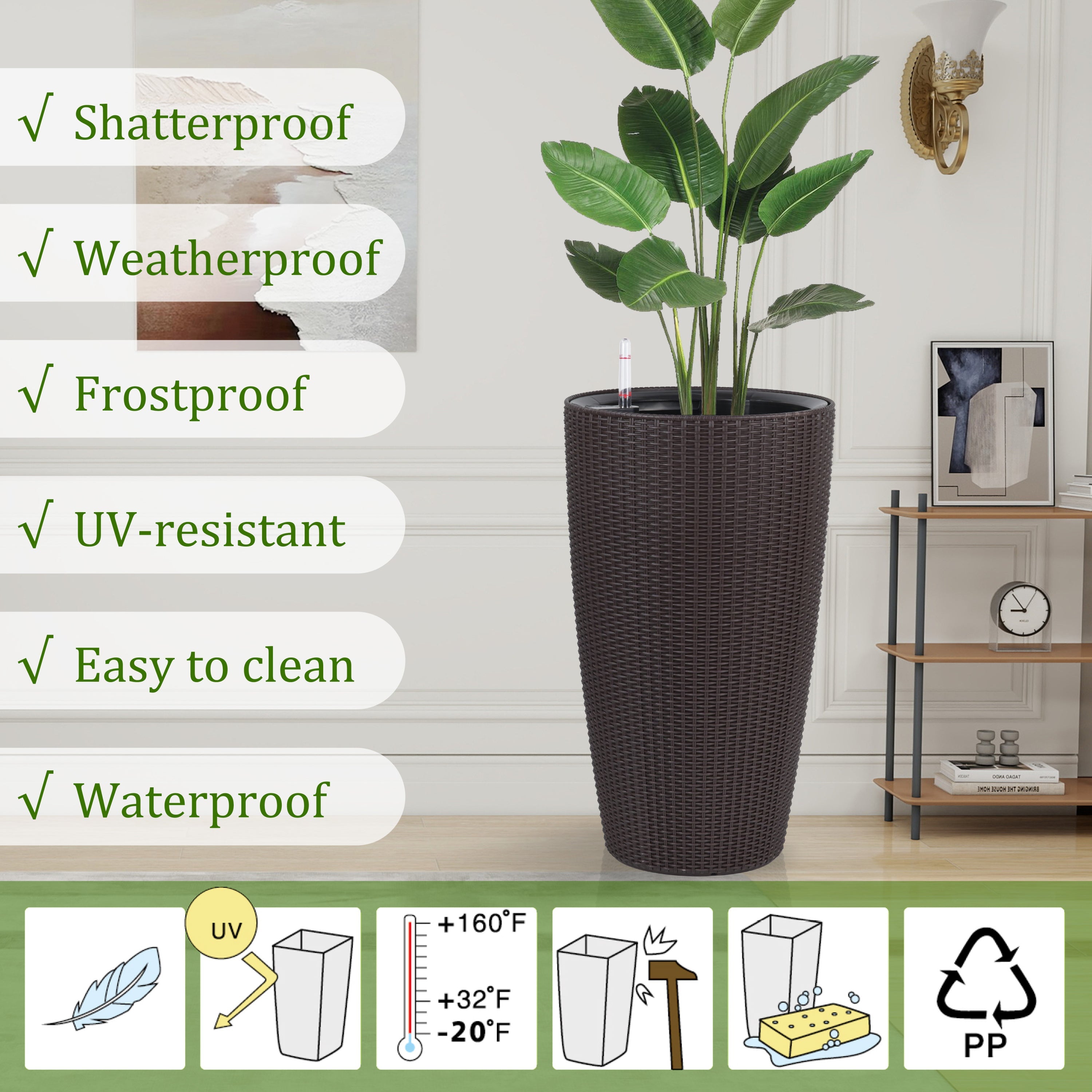 Indoor/Outdoor Modern The appearance is made of imitation rattan Design Planter,22.5 inch Brown Plastic Large Plant Pot With Automatic Watering System for Home and Garden  (Brown, 22.5 inch - 2 Pack)