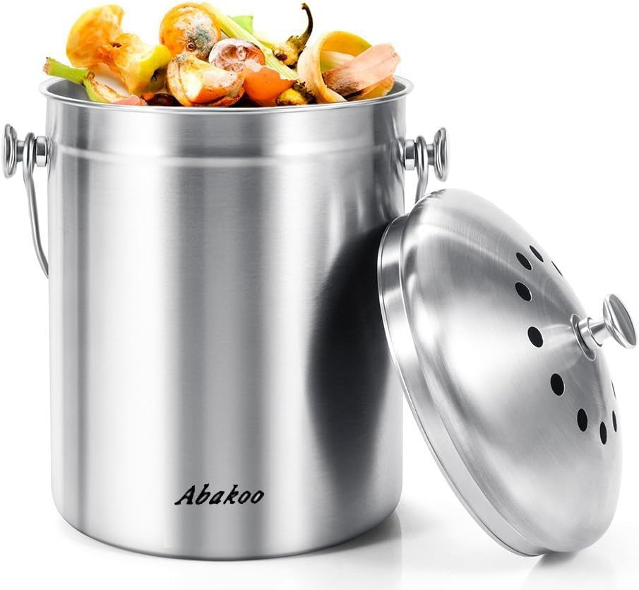 Stainless Steel Compost Bin - 1.3 Gallon Premium Grade 304 Stainless Steel Kitchen Composter - Includes 4 Charcoal Filter, Indoor Countertop Kitchen Recycling Bin Pail