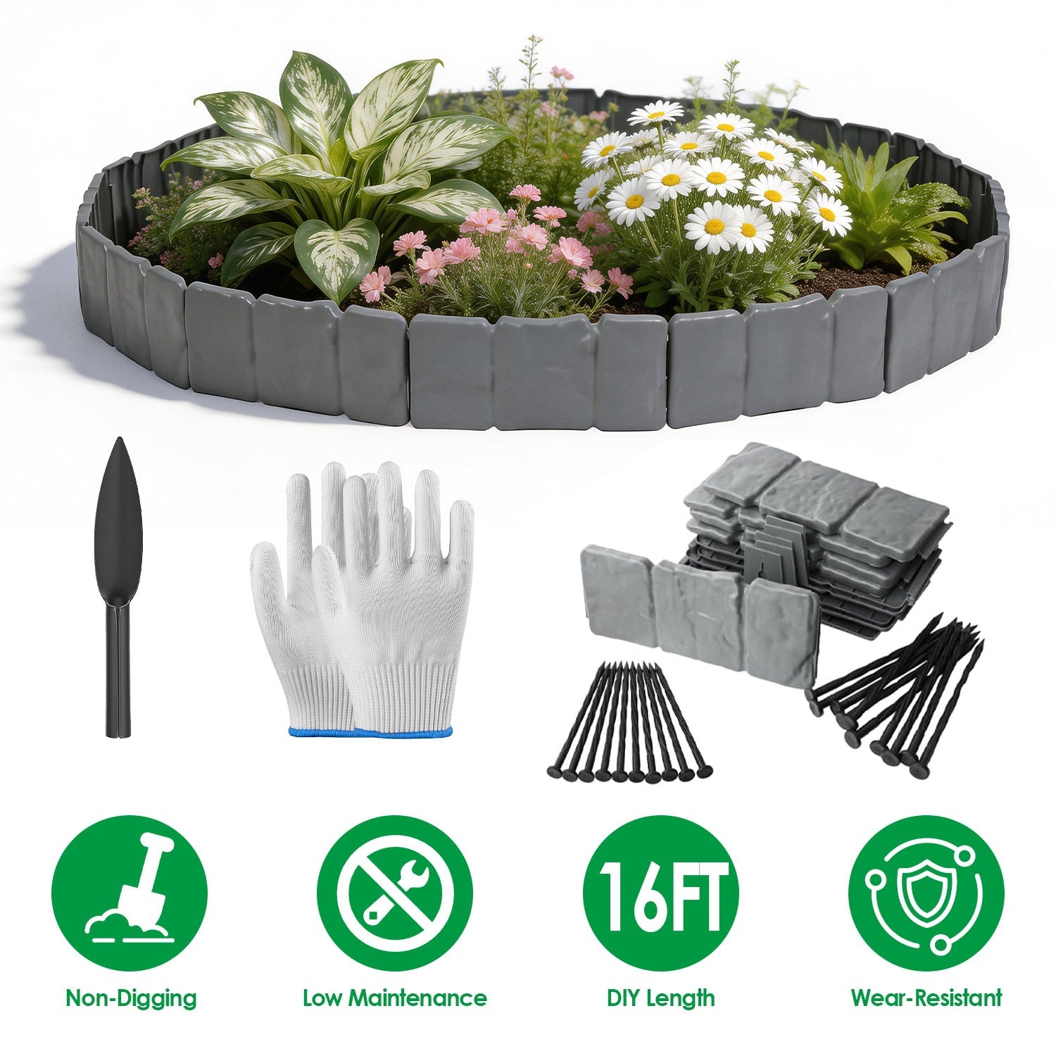 Plastic Landscape Edging 16FT Cobblestone Garden Border Kit