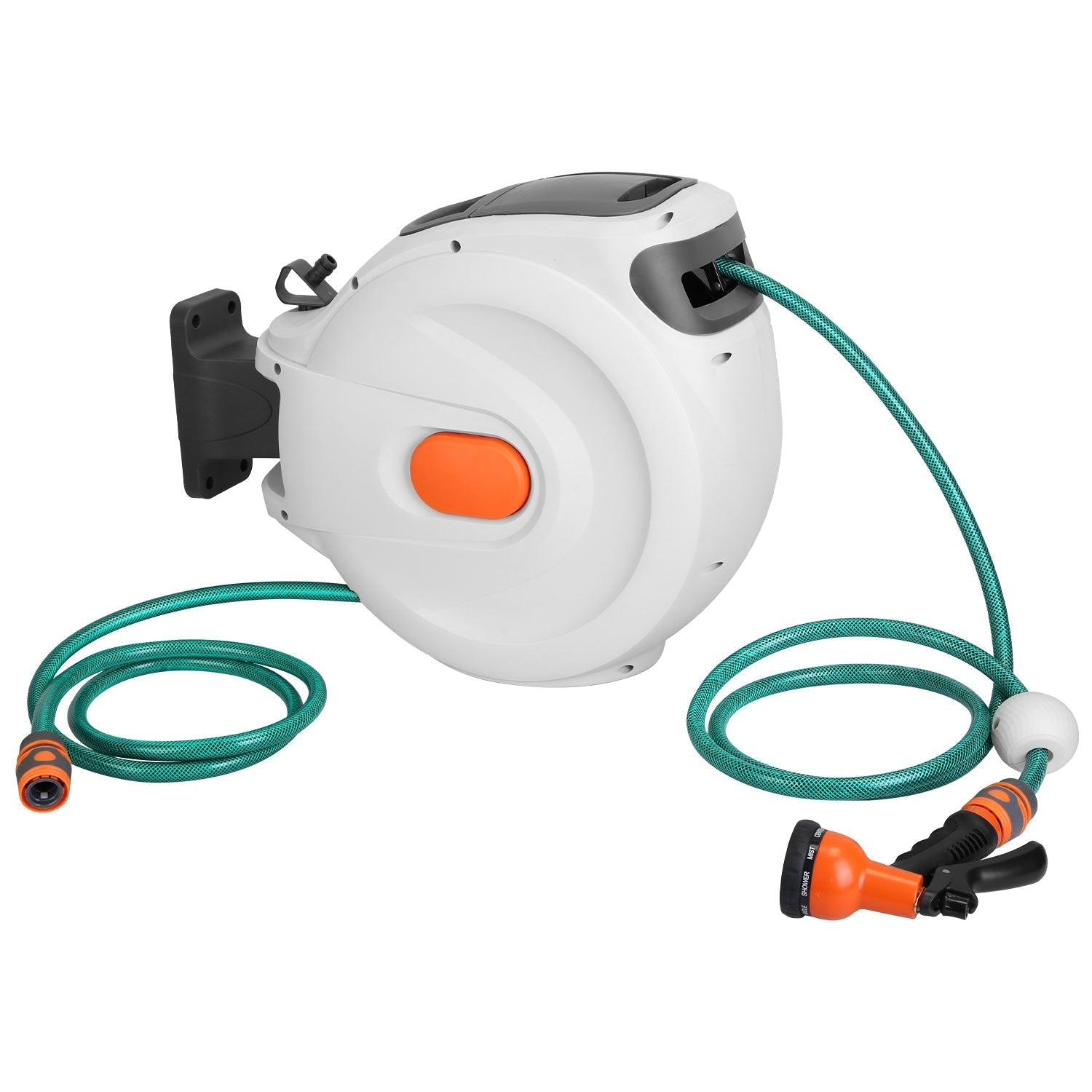 Retractable Garden Hose Reel Wall Mounted Automatic Water Hose Reel with Any Length Lock 8 Pattern Spraying Modes 180¡ Swivel Bracket