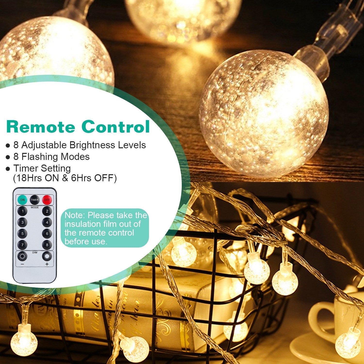 32.8Feet Globe String Lights Battery Powered Waterproof Decorative Fairy Lamp with 8 Lighting Modes Remote Control for Garden Lawn Patio