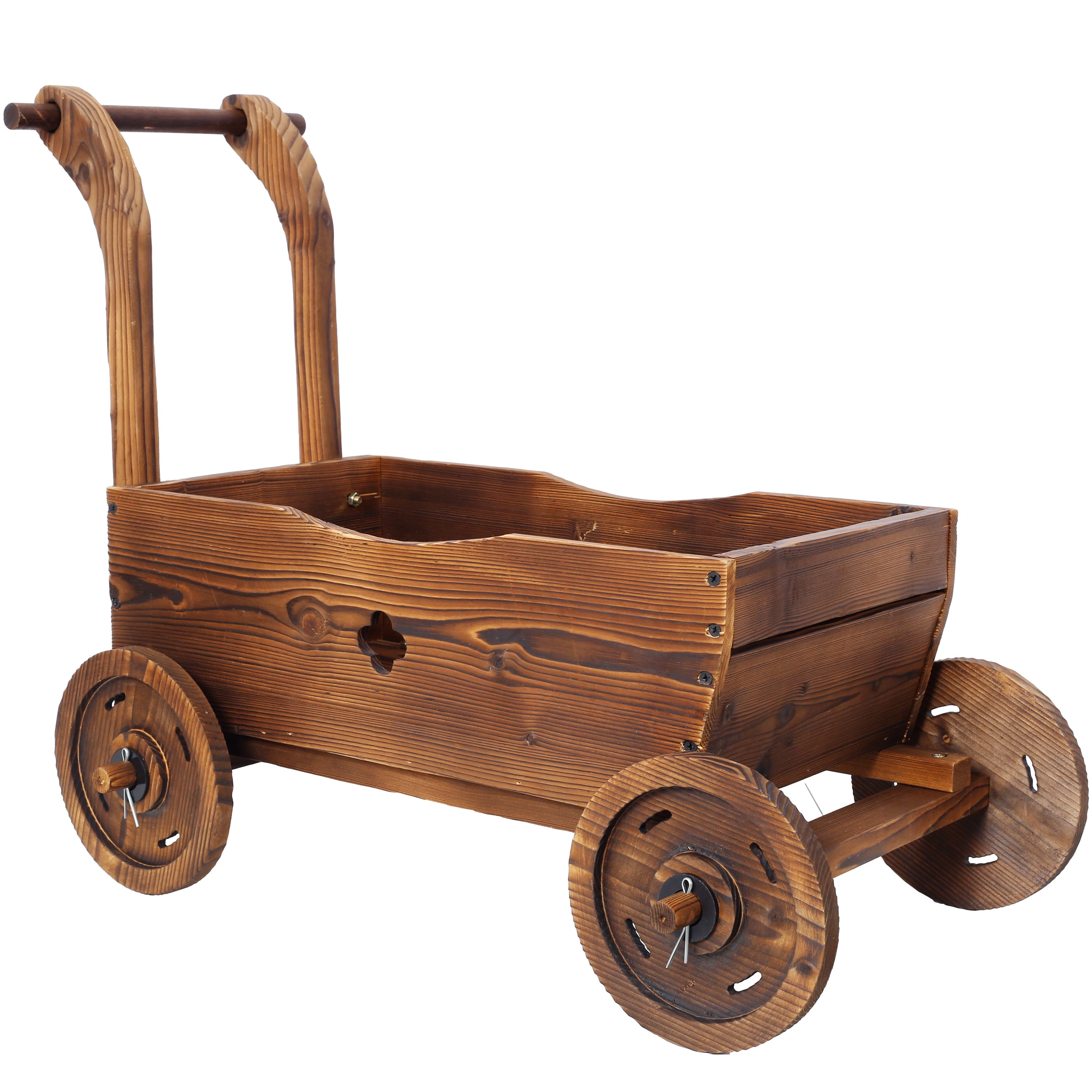 Wooden Wagon Planter Box, Mobile Garden Planter with Wheels, Handle, Drain Hole, Brown Wood, 26.5 x 14.1 x 21.2 inches