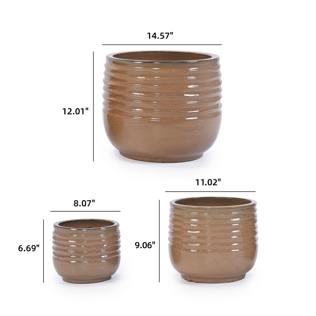 Set of 3 Ceramic Flowerpot, Modern Planter for Patio, Garden, Windowsill - Antique Bronze