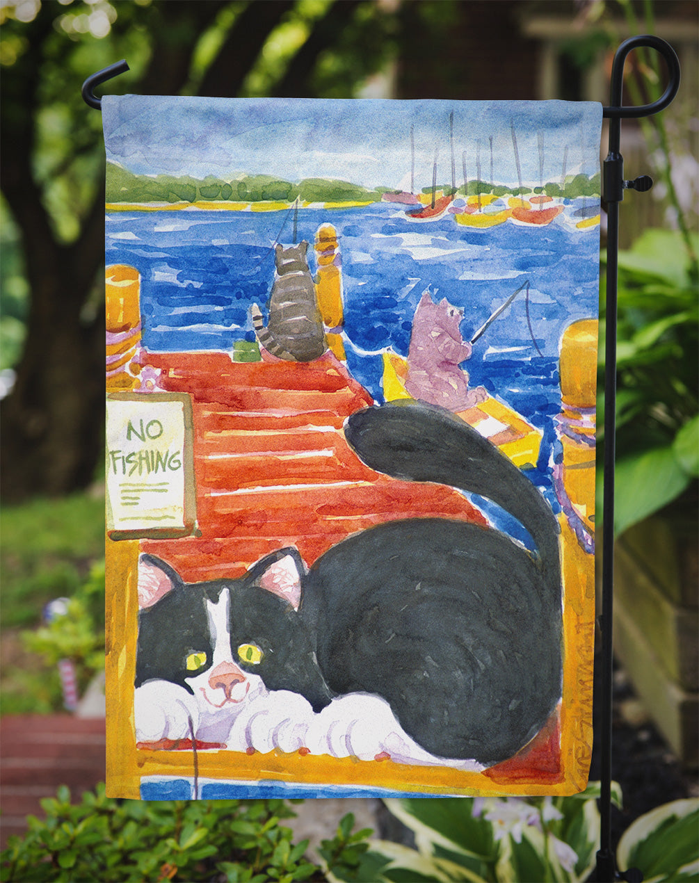 Black and White Cat  No Fishing Garden Flag – Decorative Outdoor Yard Flag