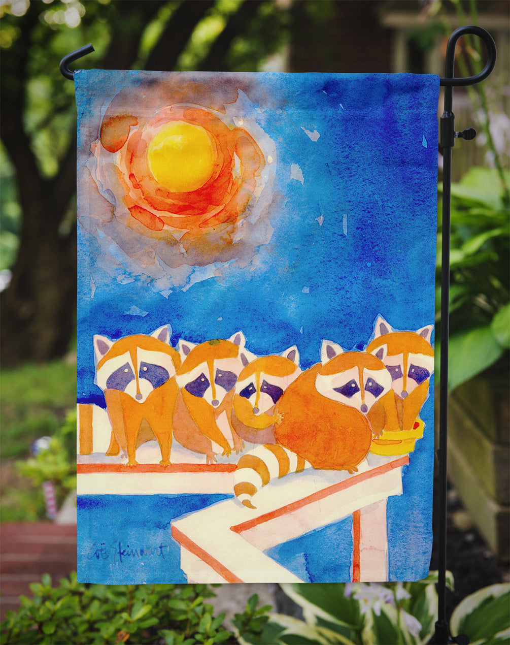 Raccoons on the porch  Garden Flag – Decorative Outdoor Yard Flag