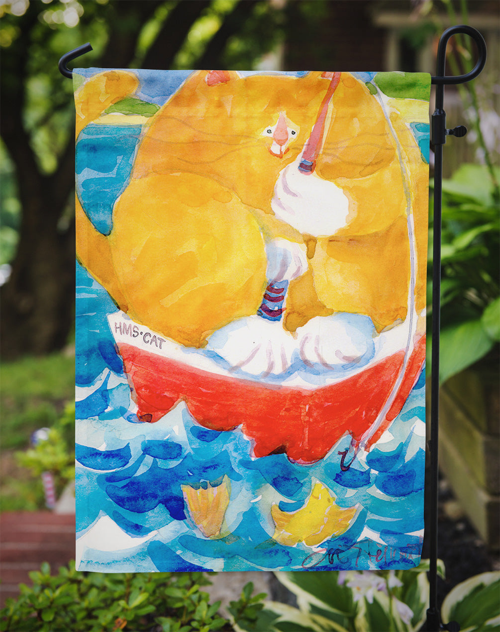 HMS Orange Tabby Fishing Cat  Garden Flag – Decorative Outdoor Yard Flag