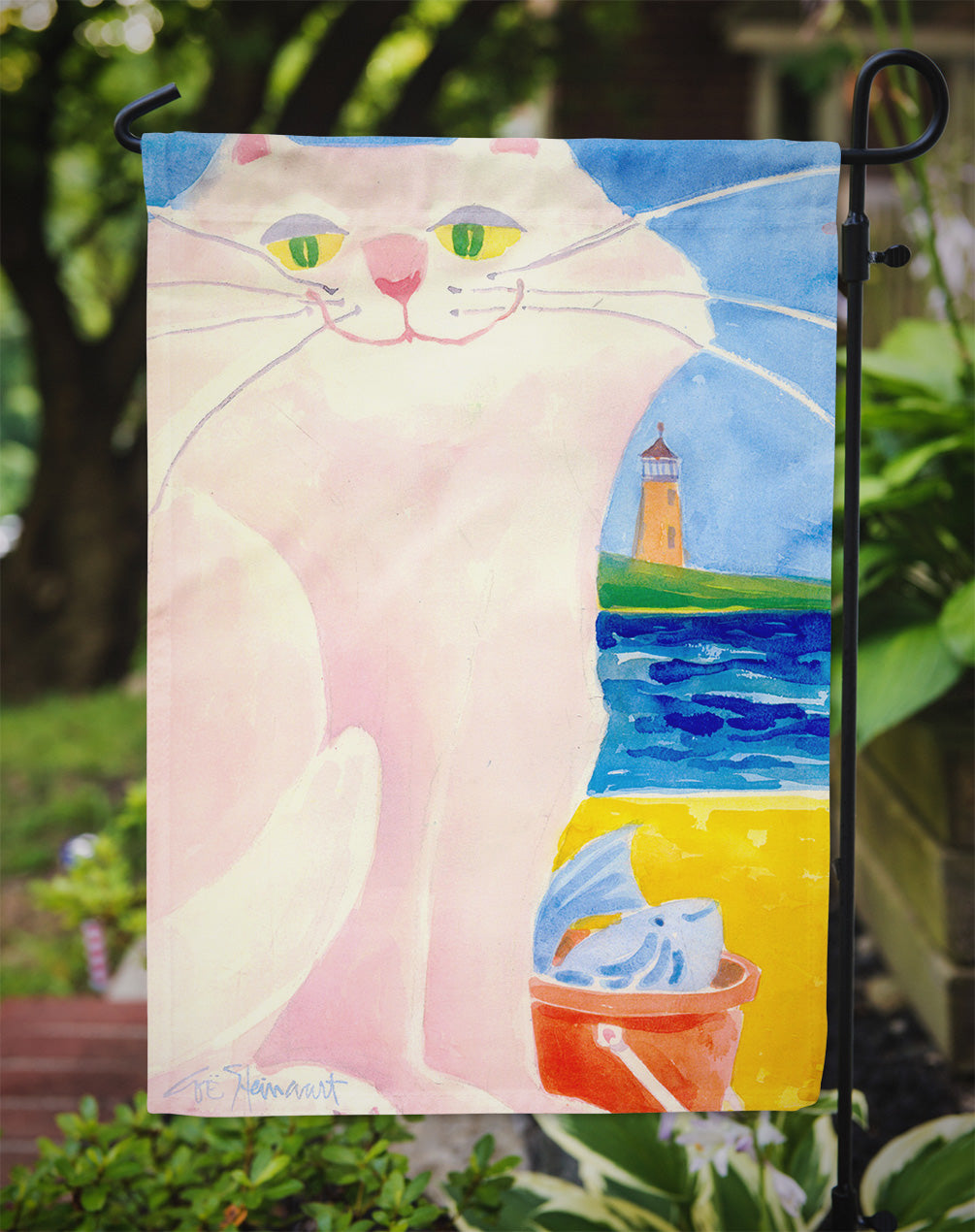 White Cat by the Lighthouse  Garden Flag – Decorative Outdoor Yard Flag