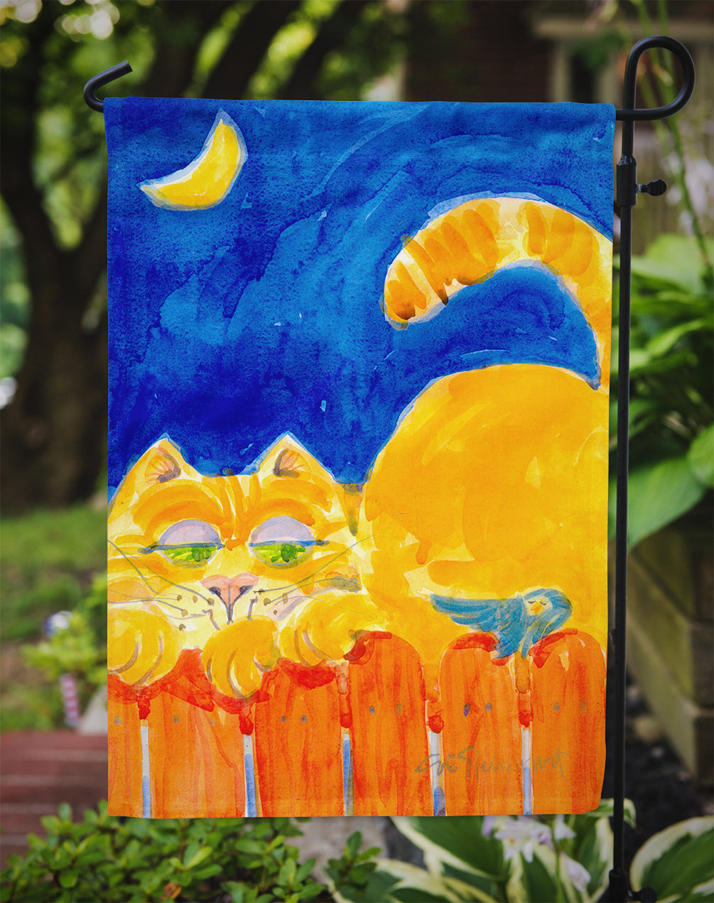 Orange Tabby Cat on the fence  Garden Flag – Decorative Outdoor Yard Flag