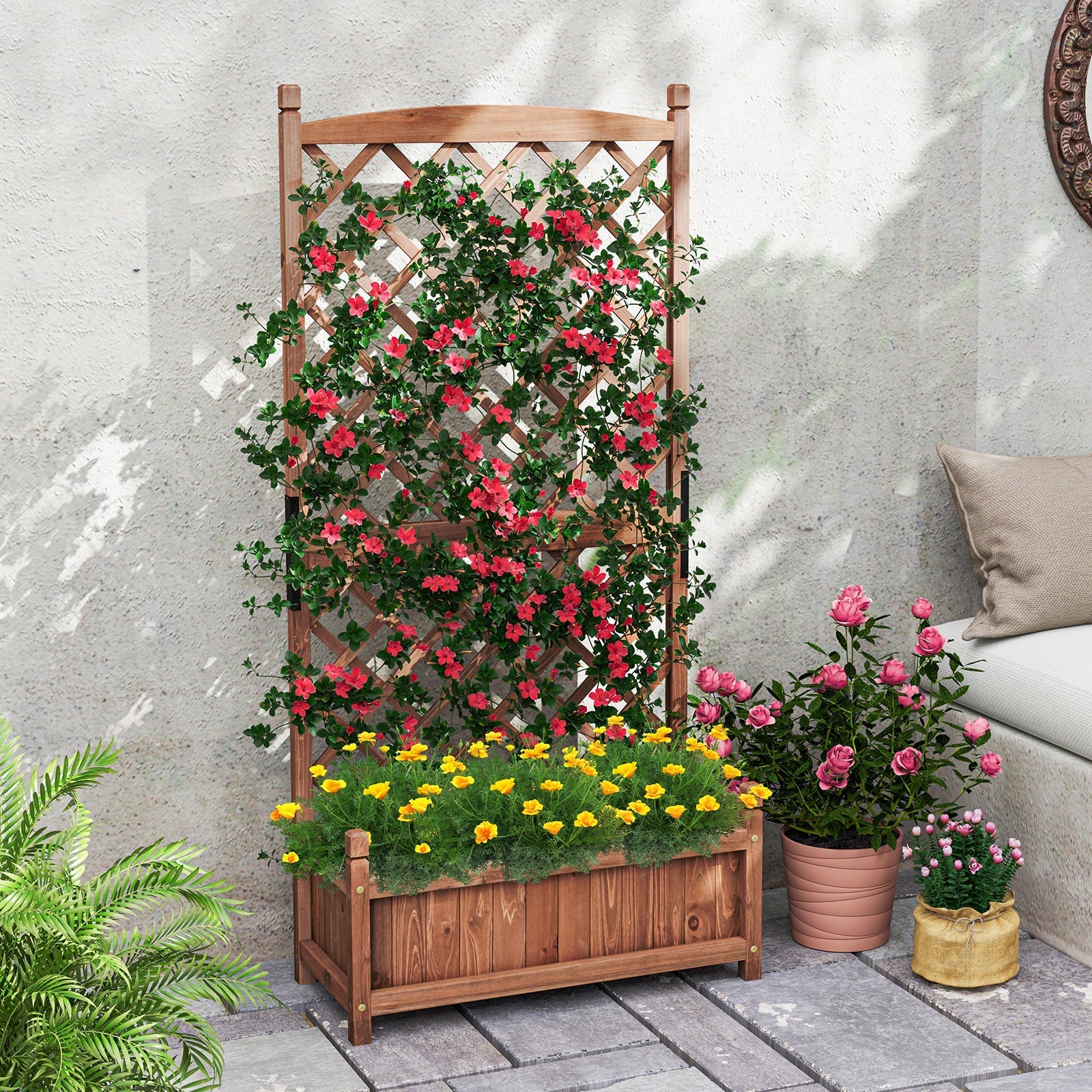 60 Inch Tall Raised Garden Bed with Diamond Lattice Trellis and Drainage Holes