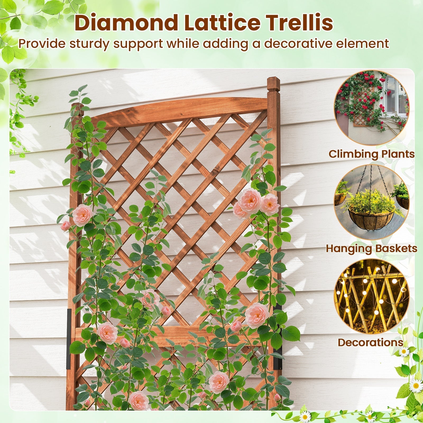 60 Inch Tall Raised Garden Bed with Diamond Lattice Trellis and Drainage Holes
