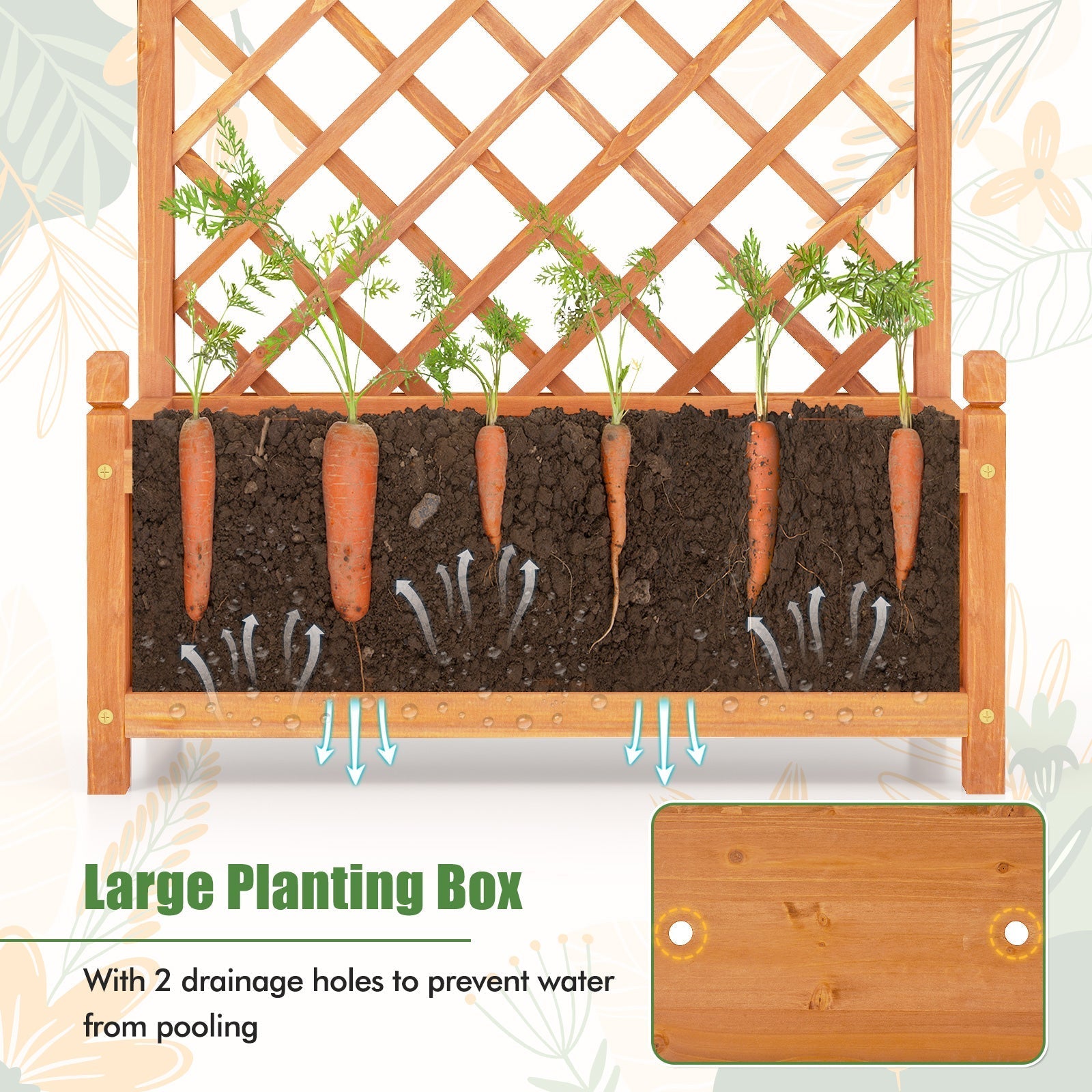 60 Inch Tall Raised Garden Bed with Diamond Lattice Trellis and Drainage Holes