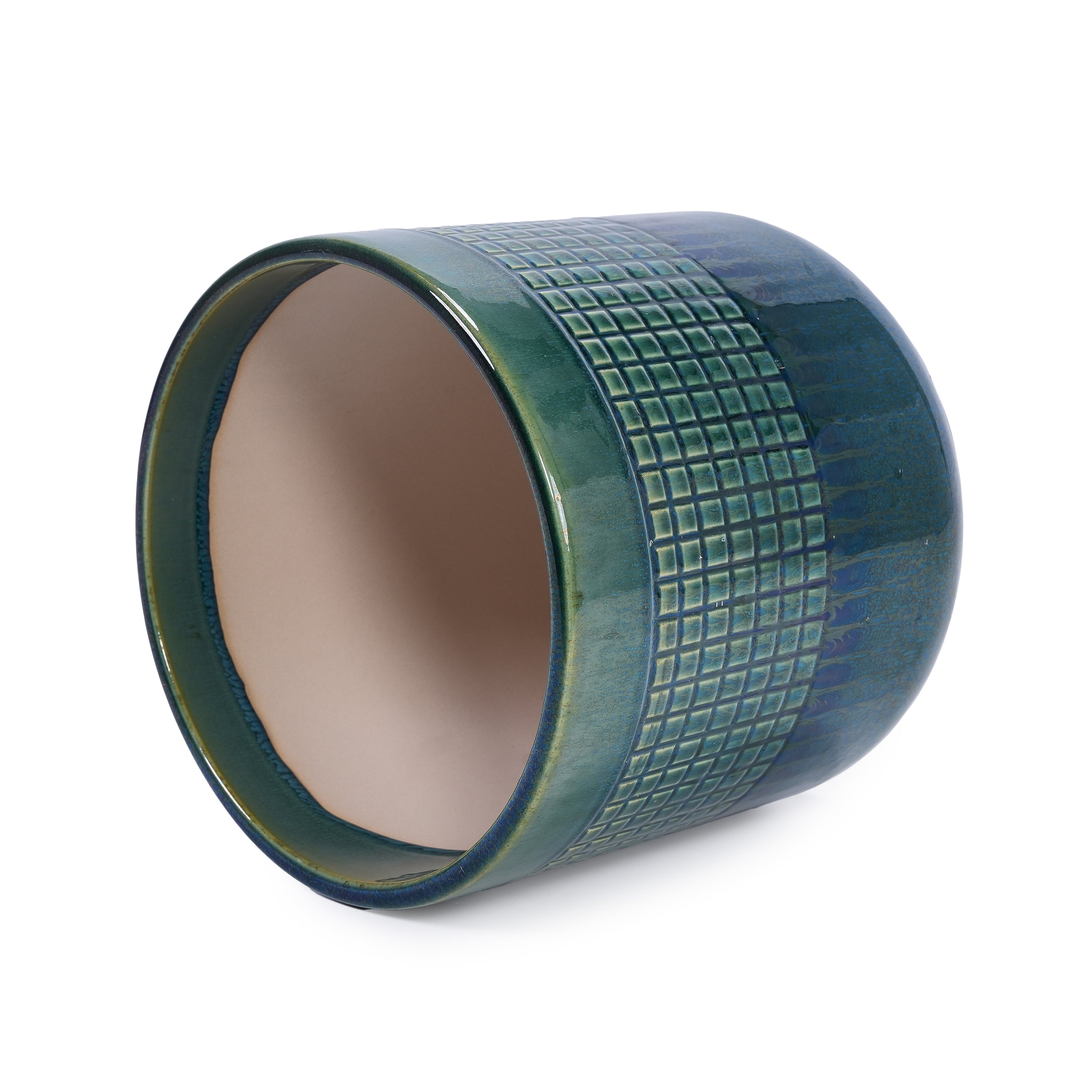 Set of 3 Grid Ceramic Flowerpot, Modern Planter for Patio, Garden, Windowsill - Blue Green