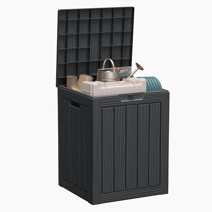 28 Gallon Resin Deck Box, Lockable Outdoor Storage Box for Patio Cushions Storage Furniture,Garden Tools, Pool Supplies, Weatherproof and UV Resistant（Black）