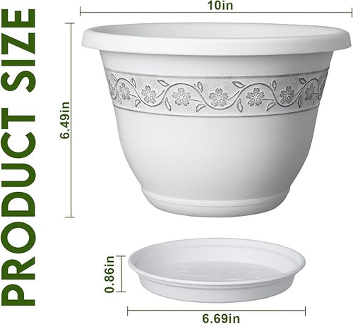 10 Inch Plant Pots with Drainage Hole - Lightweight Flower Pots for Herbs and Flowers - Home Decor Plastic Planters for Indoor Outdoor Plants- Pack of 4 (White, 10 inch)