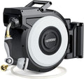 Tuyeho Retractable Garden Hose Reel 90 FT, Wall Mount Heavy Duty Water Hose Reels with Automatic Slow Rewind System, Outdoor Hoses Reel with 2 Hose Nozzles for Garden Watering, Car Wash, Pet Shower