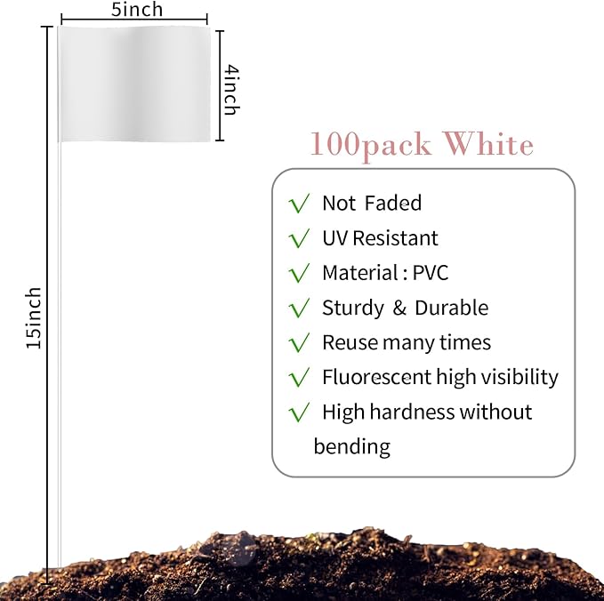Zozen 100Pack White Marking Flags, Writable/15x4x5 Inch, Yard Flags for Lawn & Irrigation & Landscape & Sprinkler & Survey & Dog Training.