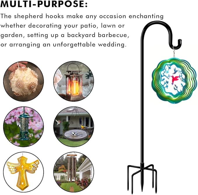 Bird Feeder Pole 60inch Heavy Duty Shepherds Hooks for Outdoor, Tall Hummingbird Feeder Stand for Hanging Plants Basket, Wind Chimes, Solar Lantern Flower Pots, Wedding Decor 2Packs