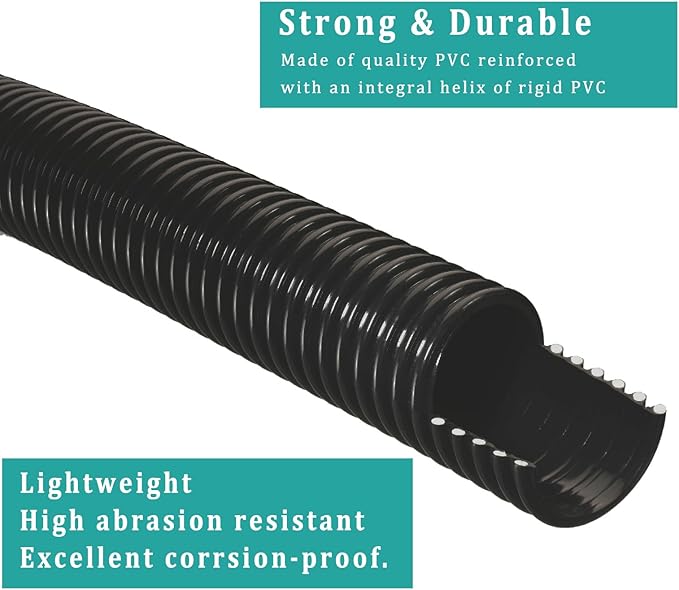 Pond Tubing ID 1” × 50ft Black Corrugated Flexible Reinforced Waterfall Pond Tube Sump Pump Hose, Non-toxic & Kinkproof (50 ft, 1" ID)