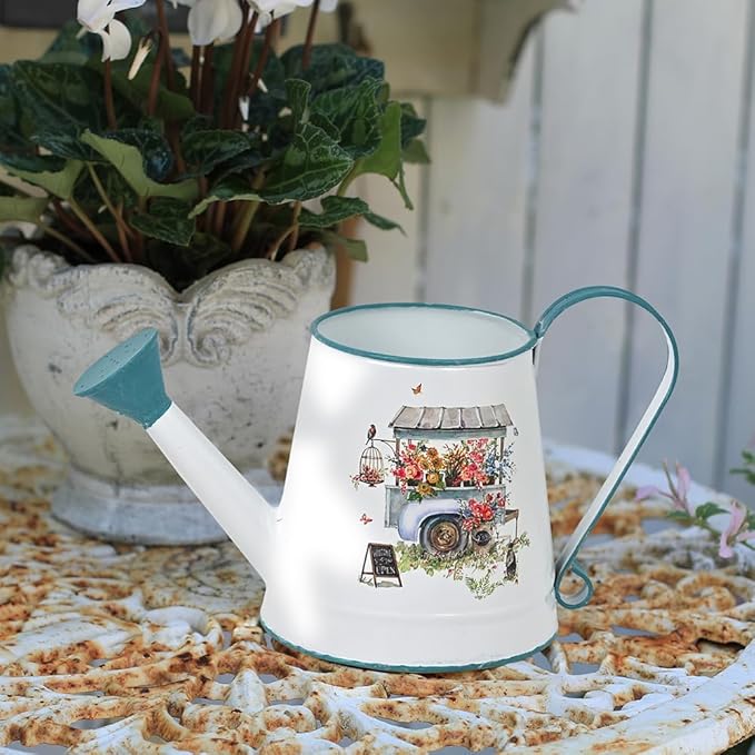 Cute Small Watering Can Indoor Plants Garden Metal Decorative Watering Cans for Outdoor Plants Bonsai Outdoor Garden Flower Decorative (White Blue, 1.5L, 50.7 Oz)