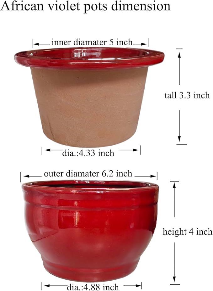 African Violet Pots Self Watering Round Ceramic Violet Pot (red, 6 inch)