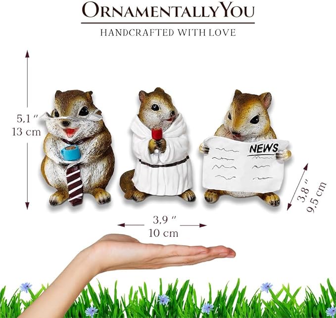 Spring & Summer-Themed Garden Statues – Adorable Outdoor Decor for Lawn, Patio & Porch (Whimsical Chipmunk Trio Set of Three Figurines, 5" Cute Desk Decor and Garden Statues)