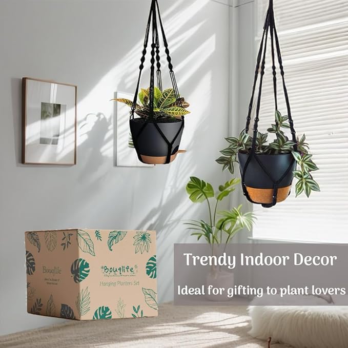 3 Pack Self Watering Hanging Planters Macrame Plant Hangers with Indoor Flower Pots, 3 Different Size Hanging Basket, Plant Hanger with Hooks for Garden Home Decor Black