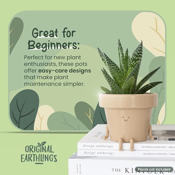 Original Earthlings Sitting Pot - 3.5 Inch Cute Plant Pot - Plastic Funny Planter with Drainage - Unique Cactus Plant Lover Gift - Small Succulent Face Flower Pot - Cute Plant Gifts for Plant Lovers