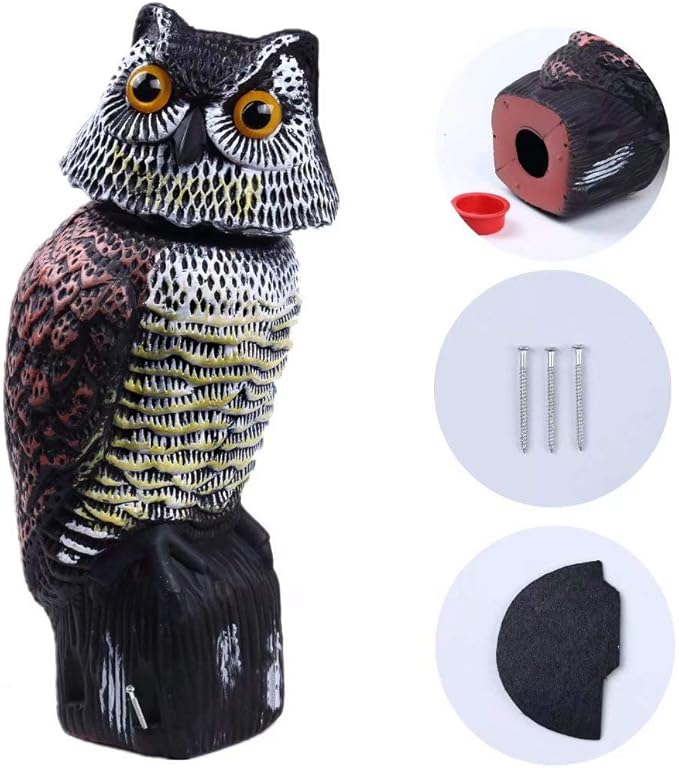 Owl Decoy 360 Rotate Head, Scarecrow Fake Owls Natural Enemy Realistic Owls to Scare Birds Away