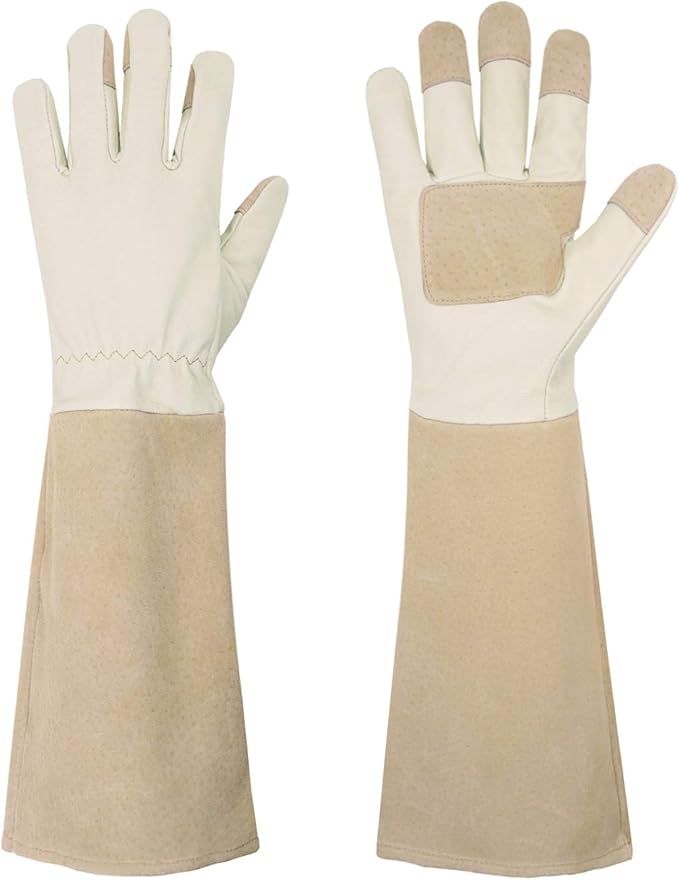 HANDLANDY Pruning Gloves Long for Men & Women, Pigskin Leather Rose Gardening Gloves- Breathable & Durability Gauntlet Glove (Small, Beige)