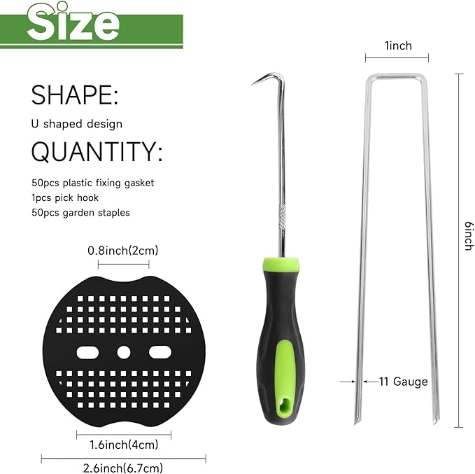Landscape Staples Set,6 Inch 11 Gauge 50pcs Galvanized Garden Stakes + 50pcs Gaskets + 1Pick Hook,U-Shaped Tent Stakes Landscaping Fabric SOD Pins for Weed Fabric Barrier,Groud Cover,Fence