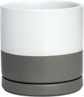 D'vine Dev 6 Inch Ceramic Planter Pot with Drainage Hole and Saucer, Indoor Cylinder Round Flower Pot, White/Speckled Grey, 94-O-C-6