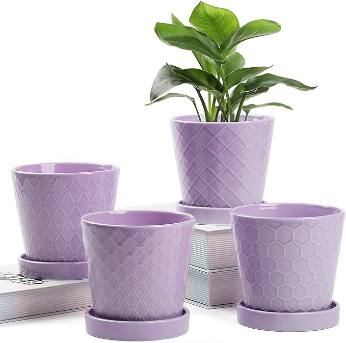 EFISPSS Flower Planter –5 inch Ceramic Plant Pots with Drainage Holes and Ceramic Tray - Gardening Home Desktop Office Windowsill Decoration Gift Set of 4 - Purple