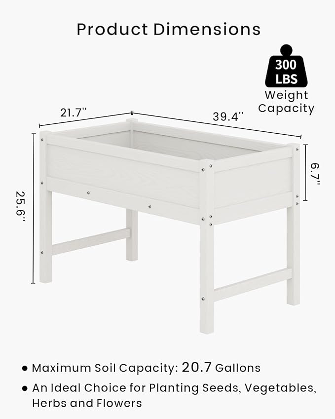 HDPE Raised Garden Bed with Legs, Outdoor Weather-Resistant Elevated Planter Box Stand for Seeds, Herbs, Flowers, Vegetables (White)